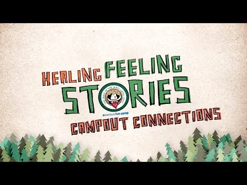 Text reads Hearing Feeling Stories Campout Connections above a cartoon forest and a round logo with a raccoon in the center. The background is off-white with a wood texture.