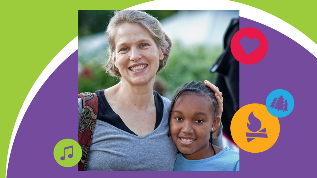 A smiling woman with blonde hair hugs a smiling girl with braided hair. The background features bright green and purple shapes and colorful icons like a heart, music note, campfire, and trees.
