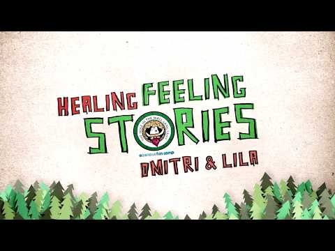 Text reading Healing Feeling Stories with names Dmitri & Lila below, set against a light background. Green illustrated trees line the bottom edge. A small circular logo appears above the text.