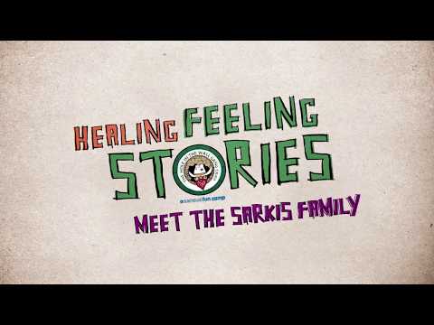 Text reads: Healing Feeling Stories. Meet the Sarkis Family. There is a cartoon logo of people beneath a rainbow with the words Childrens Fun Shop inside it. The background is a light textured beige.