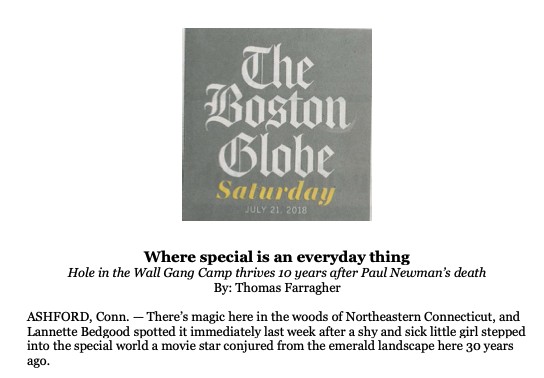 The Boston Globe newspaper cover dated July 21, 2018, with an article titled Where special is an everyday thing about the Hole in the Wall Gang Camp in Ashford, Connecticut.