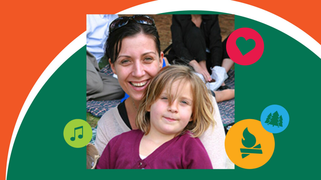 A woman and a girl smile while sitting outdoors on a picnic blanket, with colorful icons of a heart, music note, campfire, and trees decorating the image.