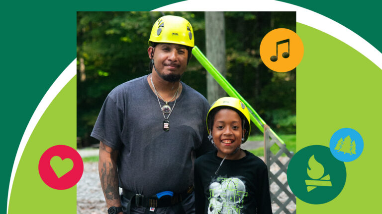 An adult and a child wearing helmets and harnesses smile outdoors. Colorful icons of a heart, music note, trees, and a campfire are overlaid on the image.