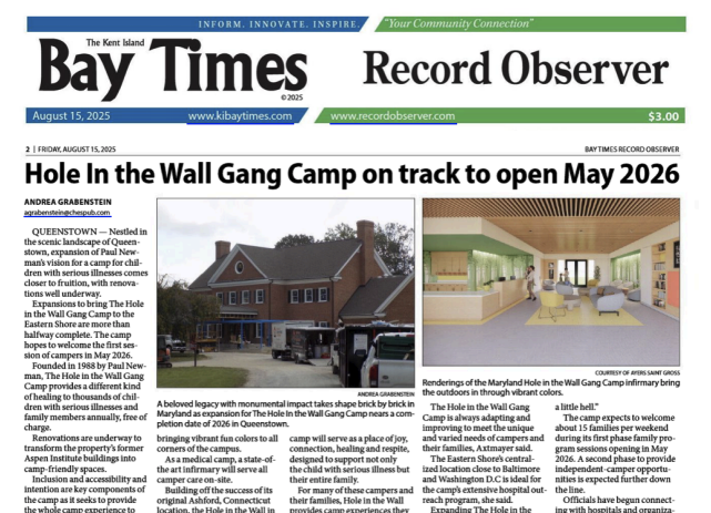 Front page of a newspaper featuring an article titled Hole In The Wall Gang Camp on track to open May 2026, with photos of a red brick building and a colorful modern interior.