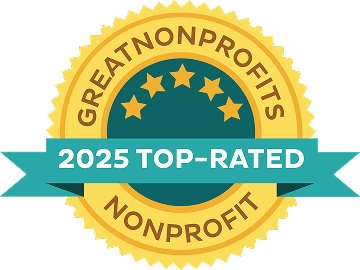 A gold badge reading GreatNonprofits Nonprofit with five stars and a teal banner that says 2025 Top-Rated..
