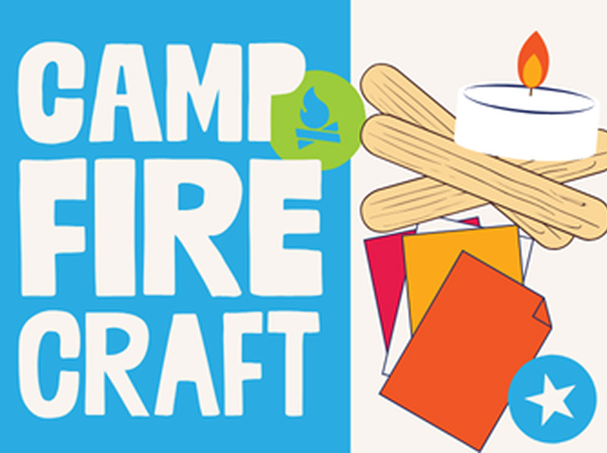 Camp Fire Craft text with a drawing of a tealight candle, popsicle sticks, colored paper, and craft icons, set on a blue and white background.