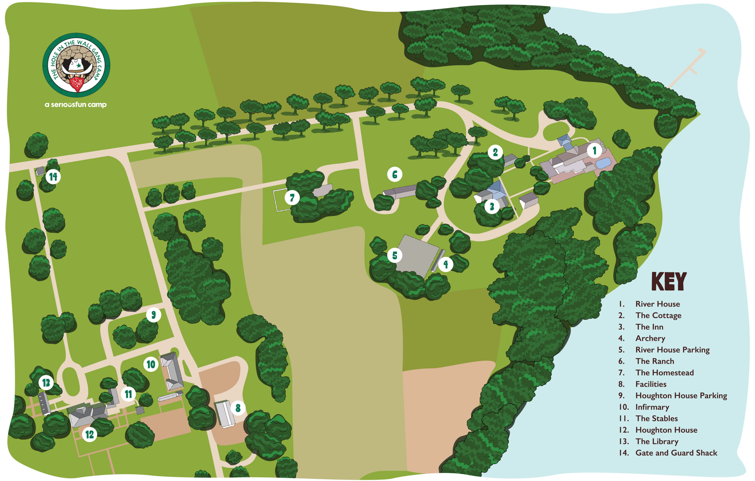 Illustrated camp map with labeled buildings, roads, trees, and open fields, bordered by forest and water. Key on the right lists 14 locations, including River House, archery, library, stables, infirmary, and parking areas.