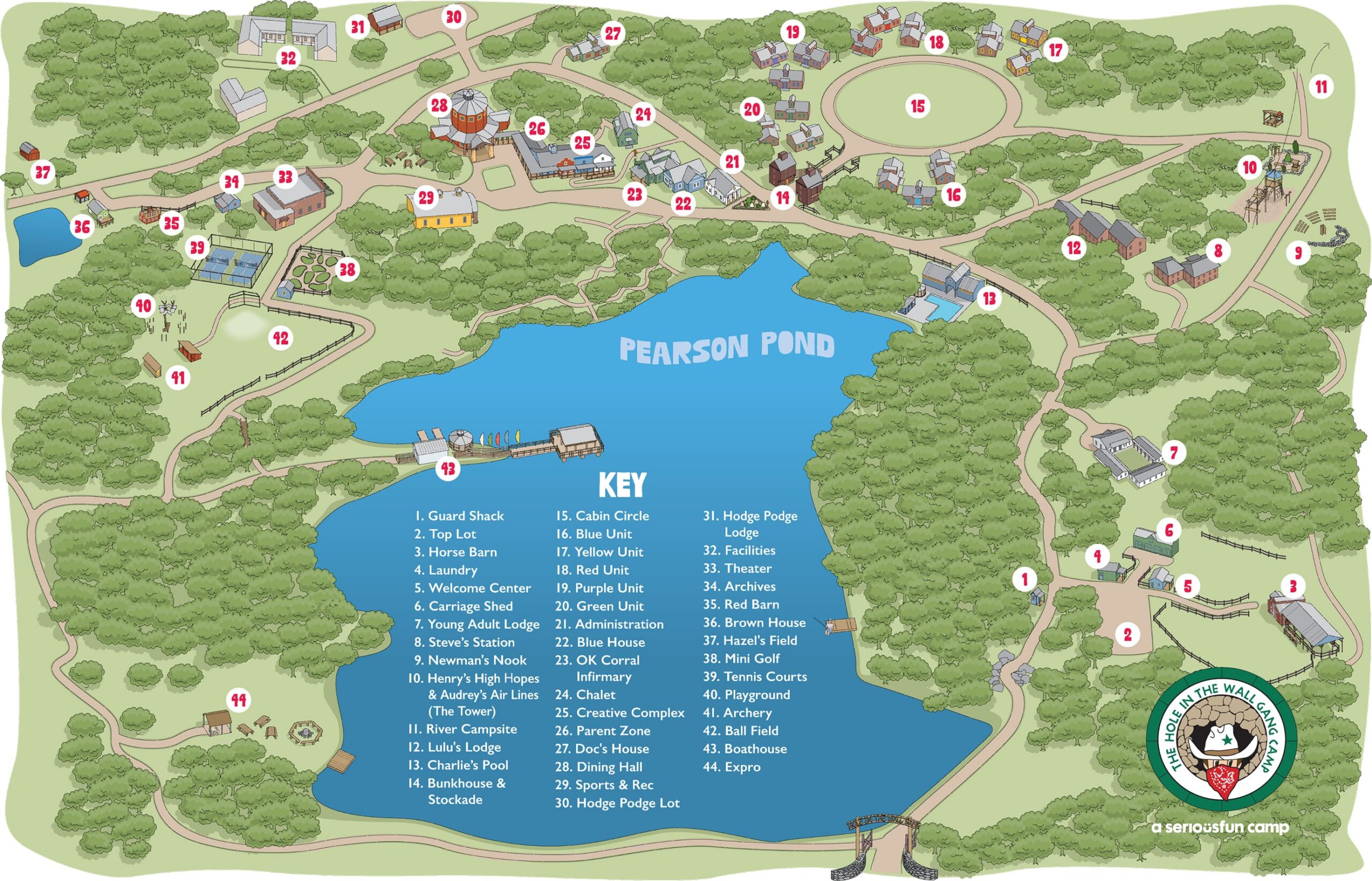 Illustrated camp map with numbered locations, cabins, activity zones, and Pearson Pond in the center; trees, trails, and landmarks like a barn, amphitheater, and sports courts surround the area. Map key and camp logo are included.