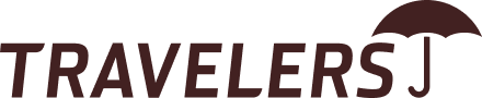 The word TRAVELERS in bold letters with an umbrella graphic over the letter J at the end.