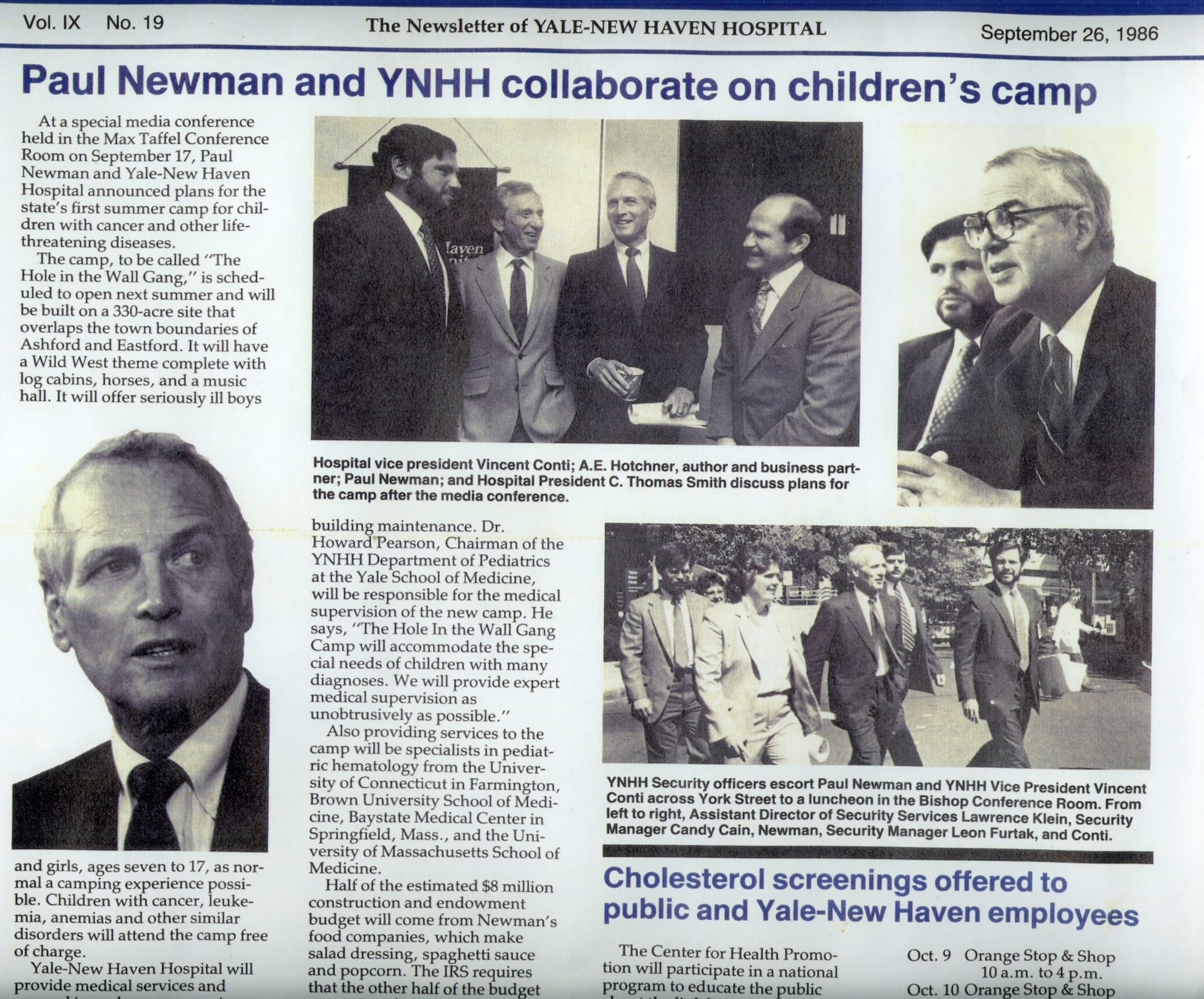 Black-and-white photo shows Paul Newman and hospital staff discussing plans for a childrens camp. Other images show hospital leadership in conversation at Yale-New Haven Hospital. Newsletter text and headlines are visible.