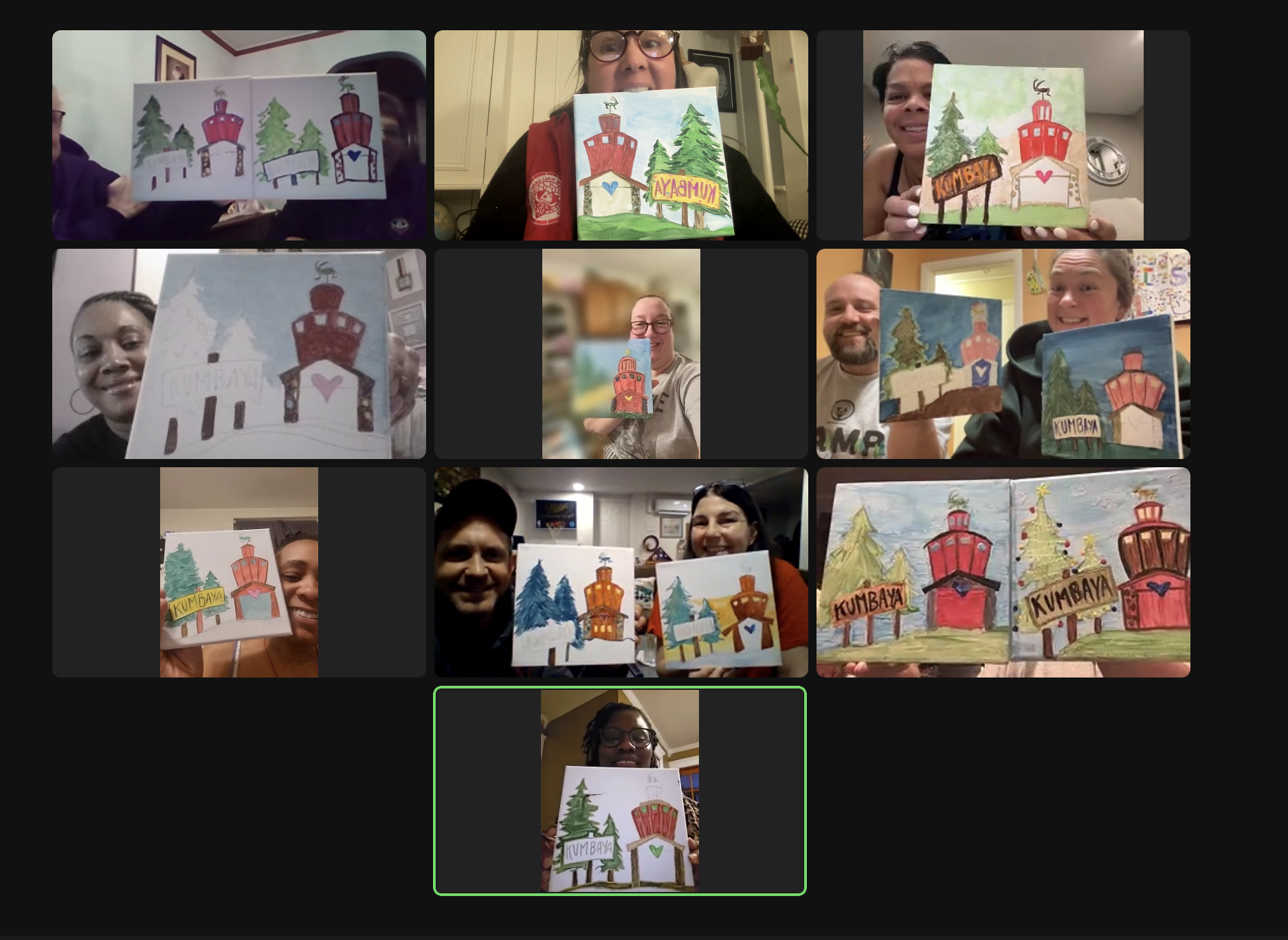 A group of people on a video call proudly display winter-themed paintings featuring trees, houses, and lighthouses with different names written on them.