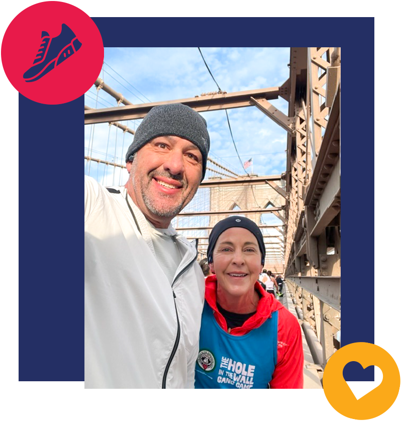 Two smiling runners wearing athletic gear take a selfie on a bridge. A blue circle with a pink shoe and a yellow heart icon decorate the image corners.