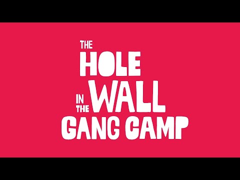 The Hole in the Wall Gang Camp logo featuring white text on a pink background.